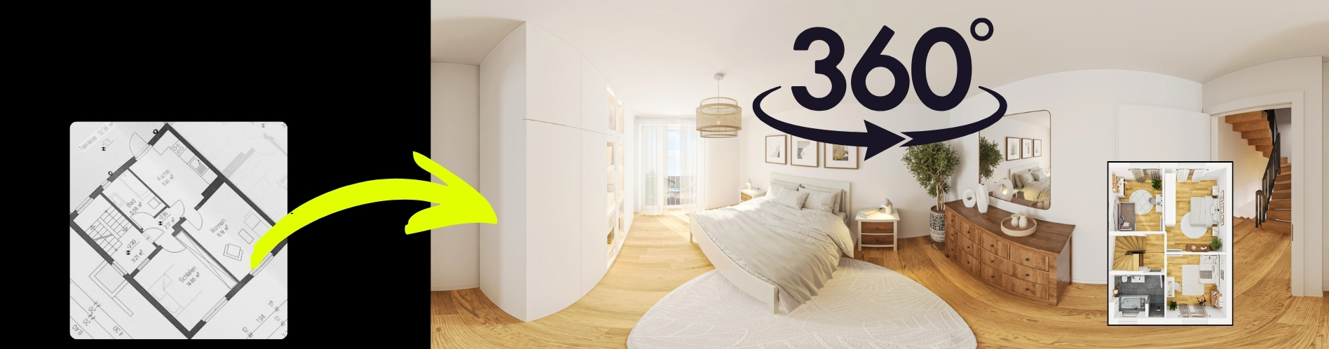 Vorher-Nachher-Darstellung eines interaktiven 360-Grad-Stagings: Links dient ein klassischer technischer 2D-Grundriss als Ausgangsbasis. Ein markanter gelber Pfeil führt zur großformatigen, fotorealistischen 360°-Visualisierung eines hellen, modern eingerichteten Schlafzimmers mit stilvollen Holzmöbeln und Doppelbett. Zusätzlich ist rechts unten ein übersichtlicher 3D-Grundriss der Wohnung eingeblendet.